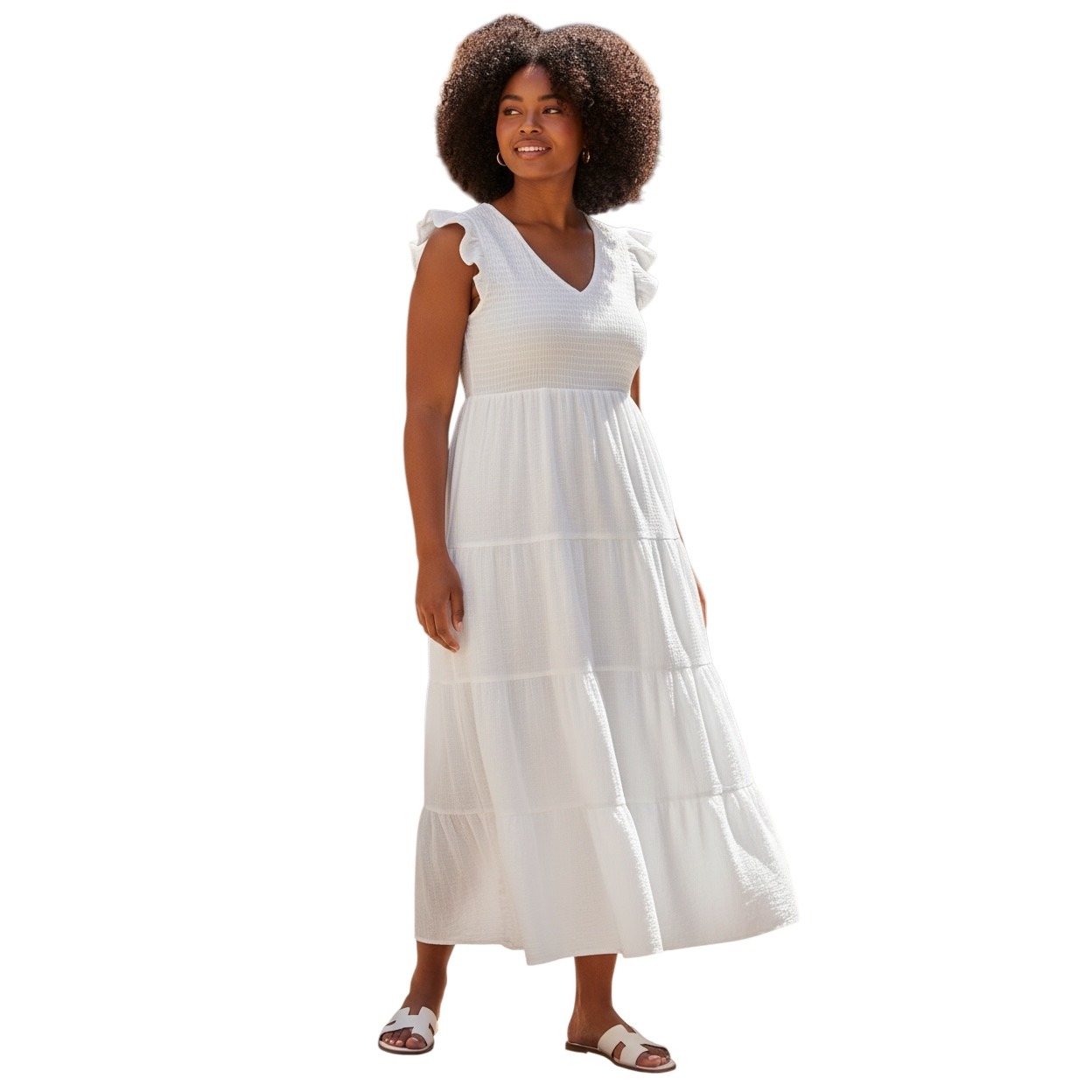 Prettygarden White Smocked Tiered Maxi Dress Xxl Ruffle Sleeve V-Neck Viscose